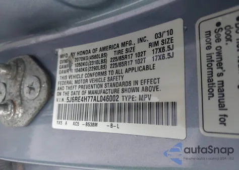 2010 Honda Cr-V Ex-L from USA, damaged, VIN 5J6RE4H77AL046002